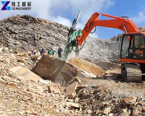 rock drill and splitter attachments mounted on excavators